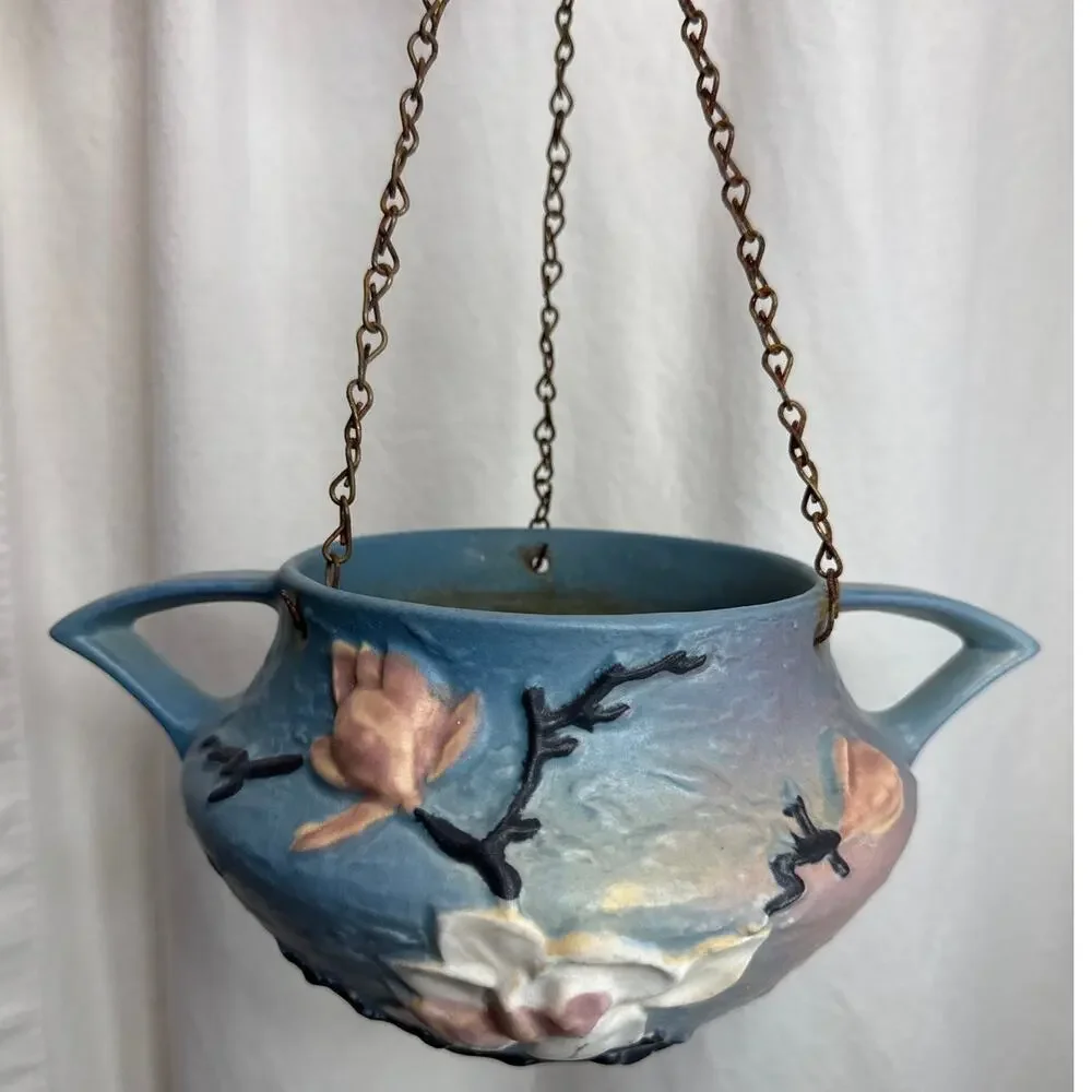Roseville Pottery Vintage Blue Magnolia Hanging Basket Planter Floral Handles